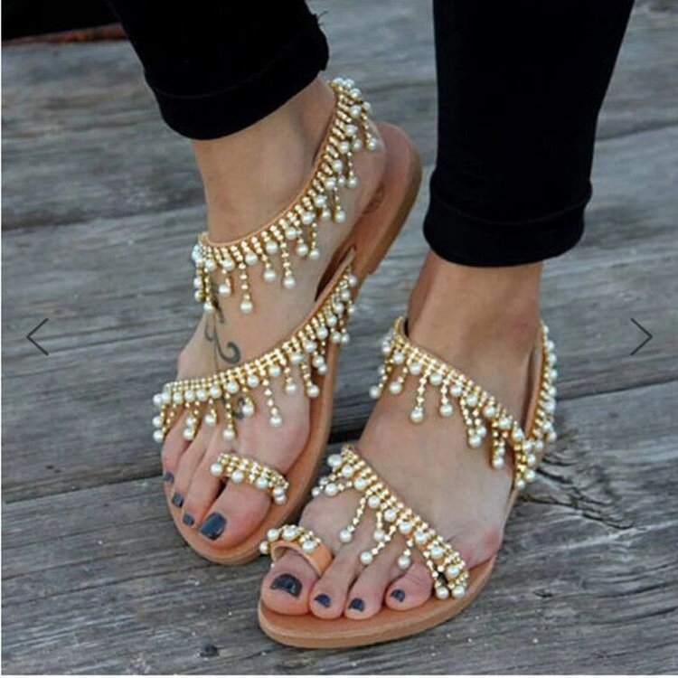 Boho PU Lederen Sandalen Dames met Beaded Fringe en Teenlus Design - ZovaFashion - Sandalen Dames