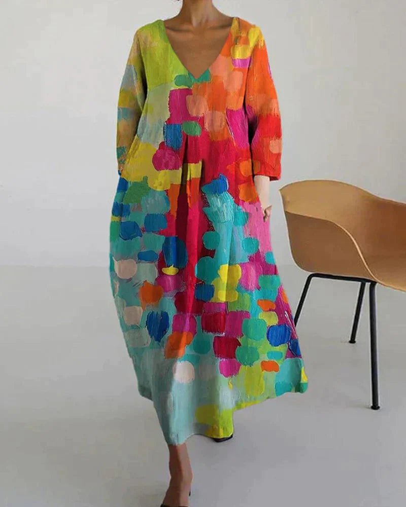 Maxi Zomerjurk Dames van Katoen met V - Hals en Kleurrijke Print - Carys - ZovaFashion - Maxi Jurk