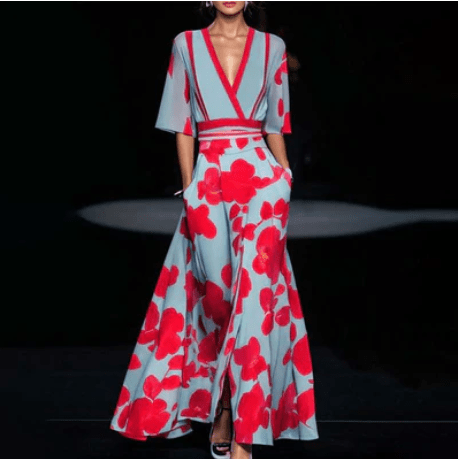 Mia Maxi Zomerjurk Dames met Bloemenprint en V - Hals van Katoen - ZovaFashion - Maxi Jurk