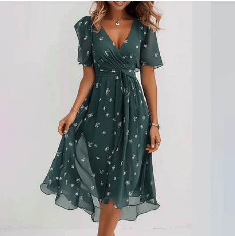 Zomerjurk Dames Chiffon met V - Hals en Bloemenprint - Elegante Midi Wrap Jurk met Flutter Mouwen - Zova - Fashion