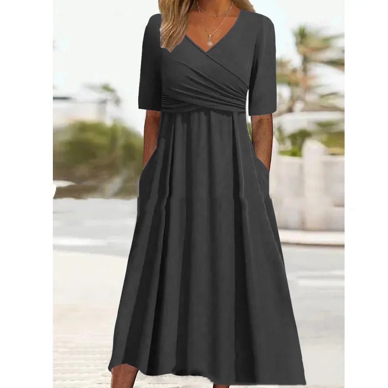 Zwarte Midi Zomerjurk Dames van Katoen met Praktische Zijzakken en Klassiek Design - ZovaFashion - Midi Jurken