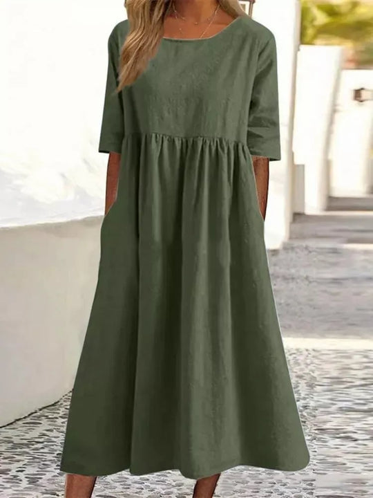 Maxi Zomerjurk Dames van Katoen met Vintage Plissé Design en Midi Lengte