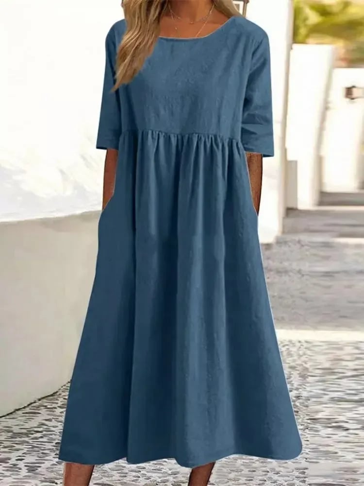 Maxi Zomerjurk Dames van Katoen met Vintage Plissé Design en Midi Lengte