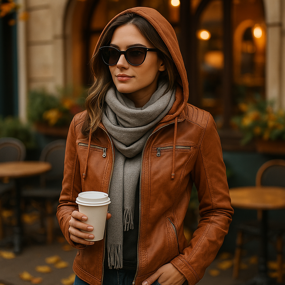 Vivano Dames Leren Jas met Capuchon