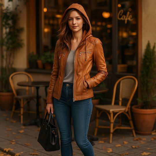 Vivano Dames Leren Jas met Capuchon