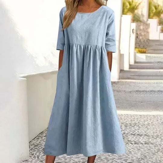 Maxi Zomerjurk Dames van Katoen met Vintage Plissé Design en Midi Lengte