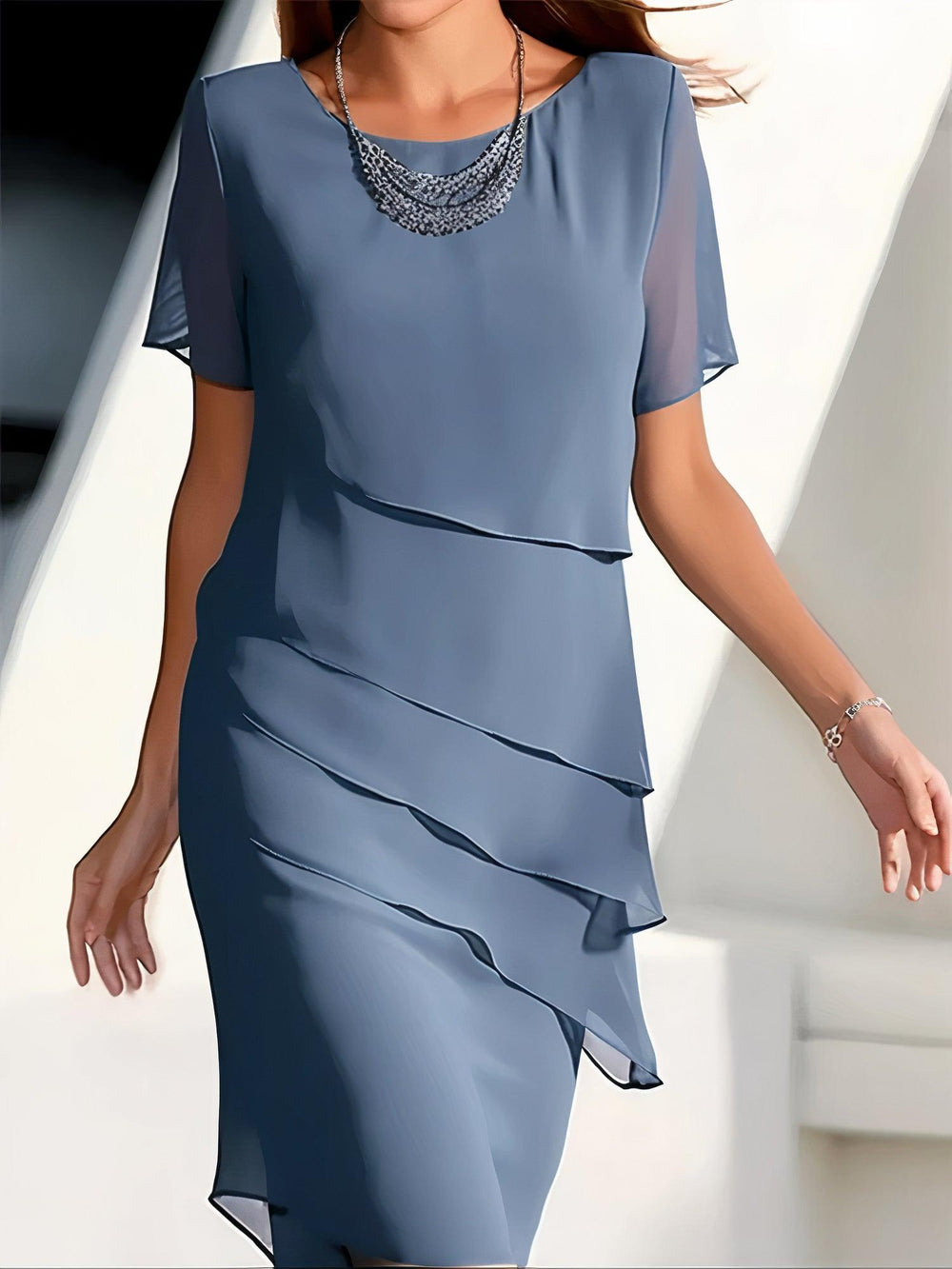 Chiffon Midi Zomerjurk met Geplooid Design en Cinched Taille