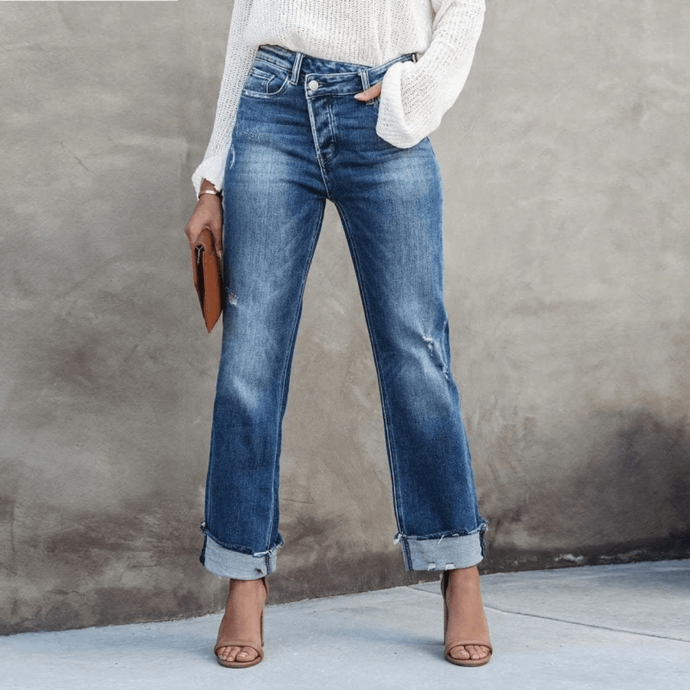 Alessia Spijkerbroek Dames van Katoenmix met Hoge Taille en Rechte Pijpen - ZovaFashion - Spijkerbroek Dames
