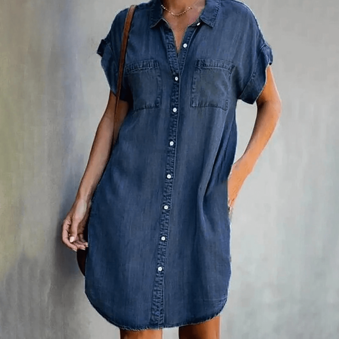 Amelie Denim Midi Zomerjurk Dames met Knoopsluiting en Relaxed Fit - ZovaFashion - Midi Jurk