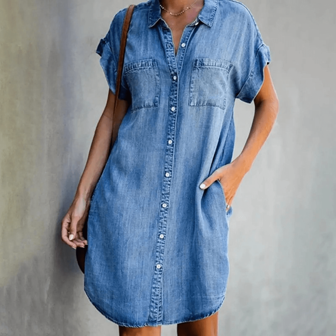 Amelie Denim Midi Zomerjurk Dames met Knoopsluiting en Relaxed Fit - ZovaFashion - Midi Jurk