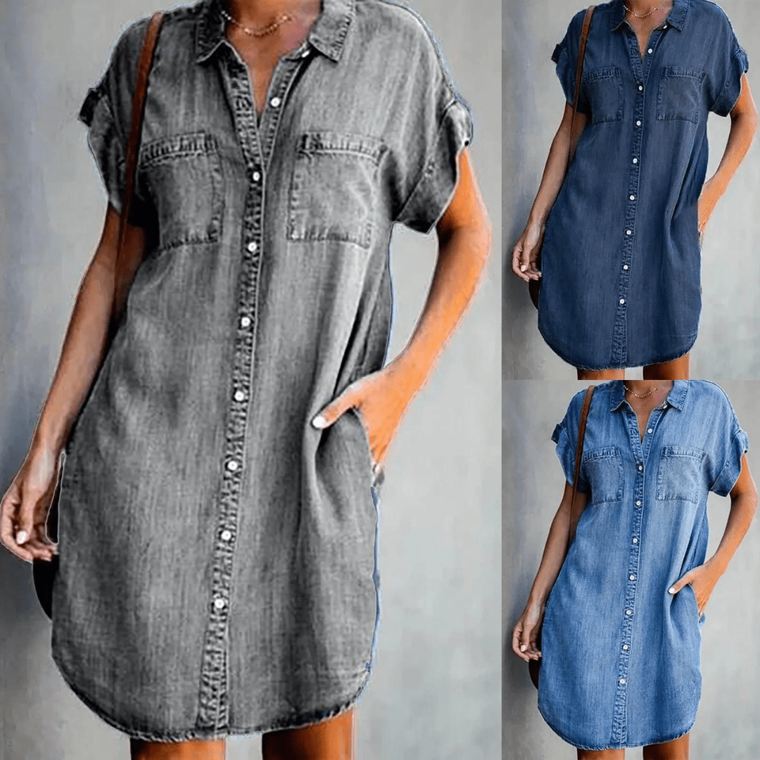 Amelie Denim Midi Zomerjurk Dames met Knoopsluiting en Relaxed Fit - ZovaFashion - Midi Jurk