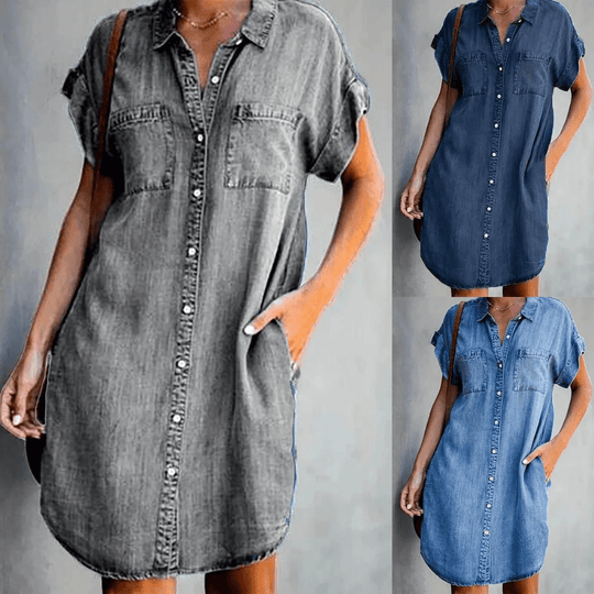 Amelie Denim Midi Zomerjurk Dames met Knoopsluiting en Relaxed Fit - ZovaFashion - Midi Jurk
