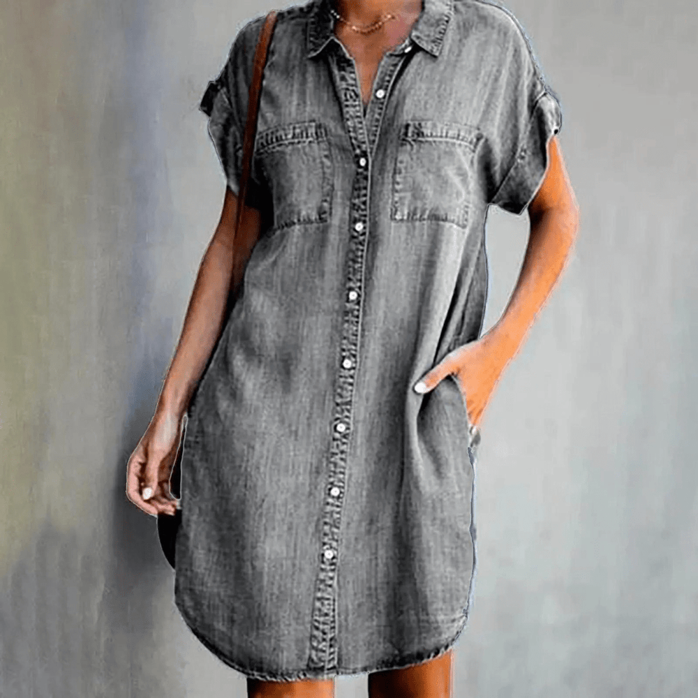 Amelie Denim Midi Zomerjurk Dames met Knoopsluiting en Relaxed Fit - ZovaFashion - Midi Jurk
