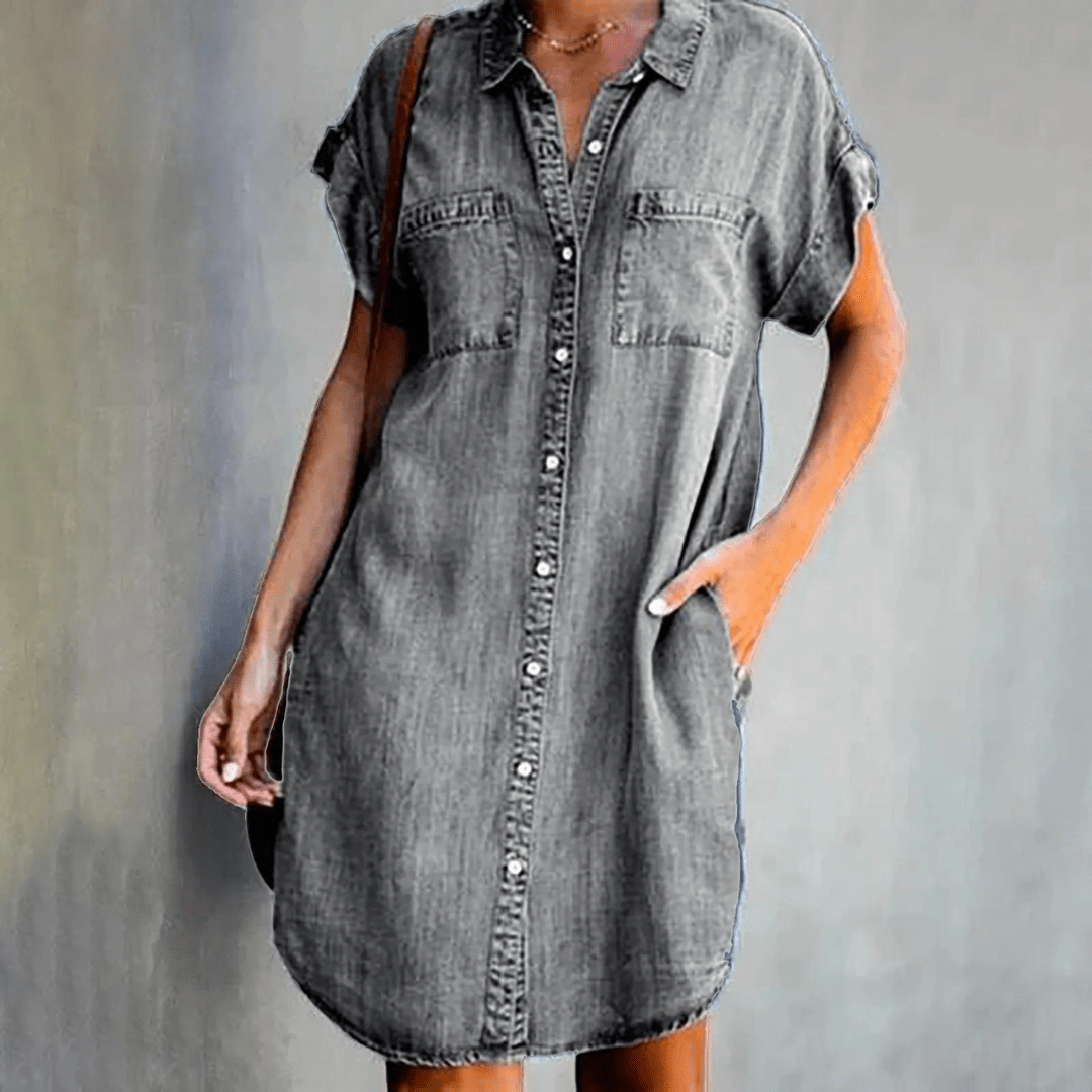 Amelie Denim Midi Zomerjurk Dames met Knoopsluiting en Relaxed Fit - ZovaFashion - Midi Jurk