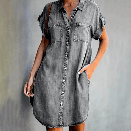 Amelie Denim Midi Zomerjurk Dames met Knoopsluiting en Relaxed Fit - ZovaFashion - Midi Jurk