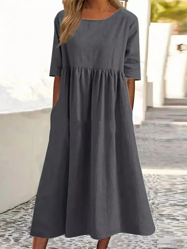 Maxi Zomerjurk Dames van Katoen met Vintage Plissé Design en Midi Lengte