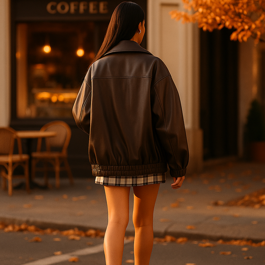 Dames Leren Jas met Rits en Losse Pasvorm