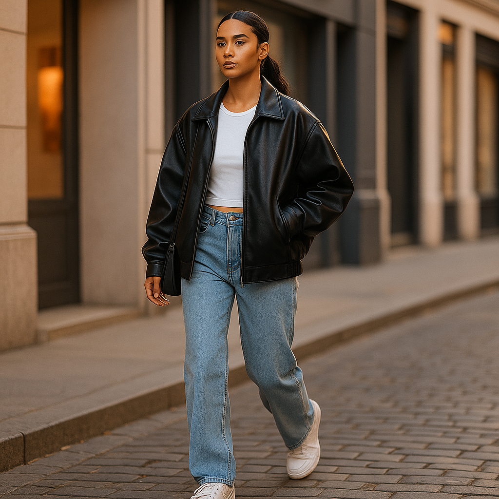 Dames Leren Jas met Rits en Losse Pasvorm