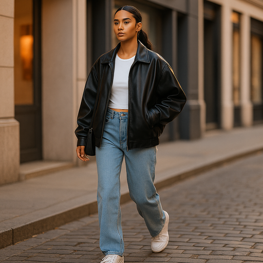 Dames Leren Jas met Rits en Losse Pasvorm