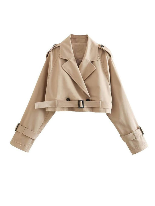 Beige Cropped Trenchcoat Dames met Verstelbare Mouwen - Zuri - ZovaFashion - Fashion