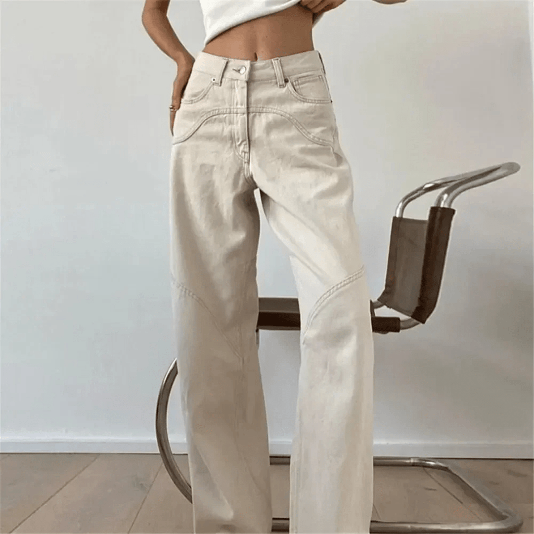 Beige Spijkerbroek Dames van Katoen met Wijde Pijpen en Lage Taille - ZovaFashion - Spijkerbroek Dames