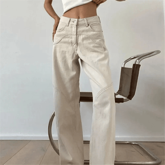 Beige Spijkerbroek Dames van Katoen met Wijde Pijpen en Lage Taille - ZovaFashion - Spijkerbroek Dames