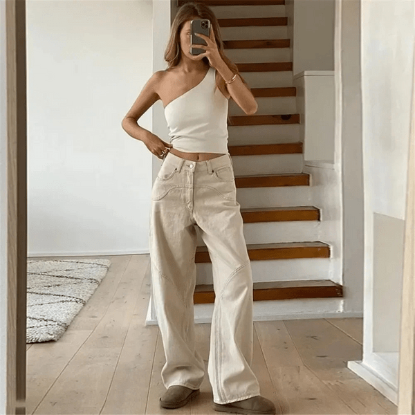 Beige Spijkerbroek Dames van Katoen met Wijde Pijpen en Lage Taille - ZovaFashion - Spijkerbroek Dames