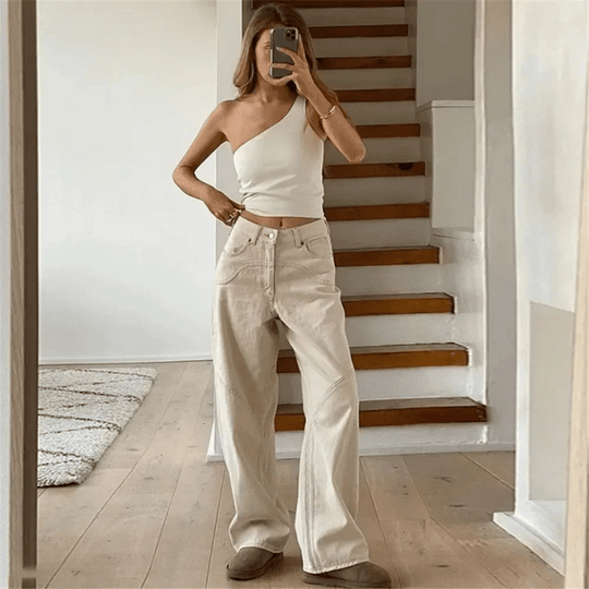 Beige Spijkerbroek Dames van Katoen met Wijde Pijpen en Lage Taille - ZovaFashion - Spijkerbroek Dames
