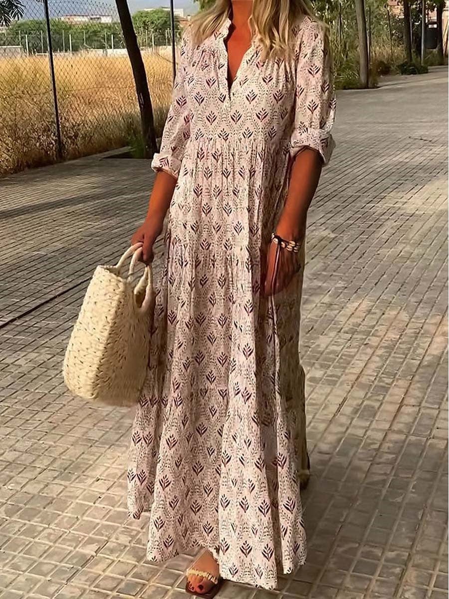 Bohemian Maxi Zomerjurk met V - Hals en 3/4 Mouw in Lichtgewicht Stof - ZovaFashion - Maxi Jurk