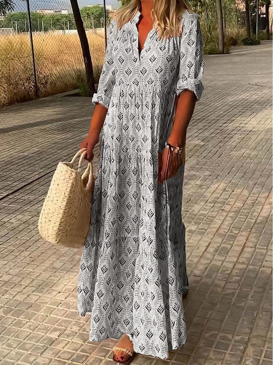 Bohemian Maxi Zomerjurk met V - Hals en 3/4 Mouw in Lichtgewicht Stof - ZovaFashion - Maxi Jurk