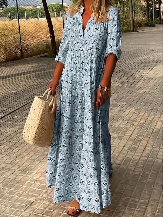 Bohemian Maxi Zomerjurk met V - Hals en 3/4 Mouw in Lichtgewicht Stof - ZovaFashion - Maxi Jurk