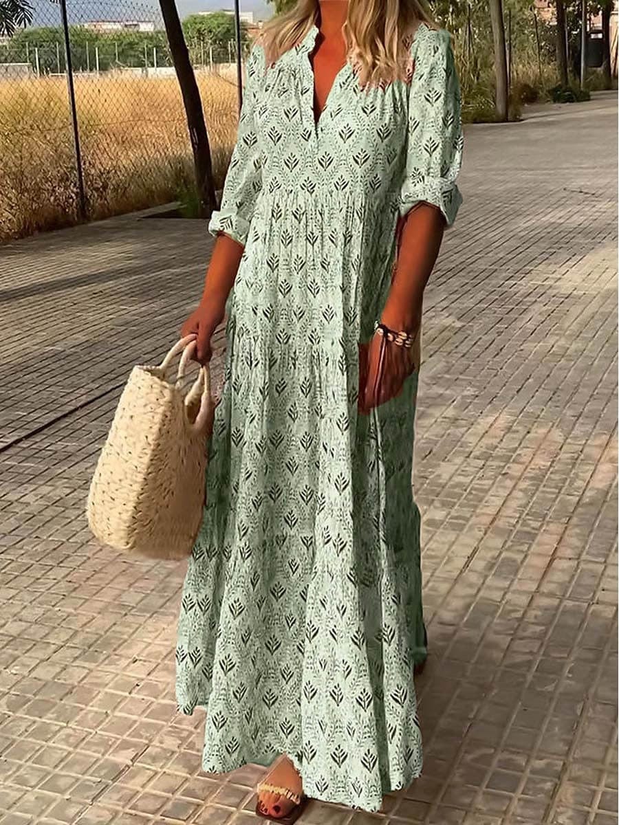 Bohemian Maxi Zomerjurk met V - Hals en 3/4 Mouw in Lichtgewicht Stof - ZovaFashion - Maxi Jurk