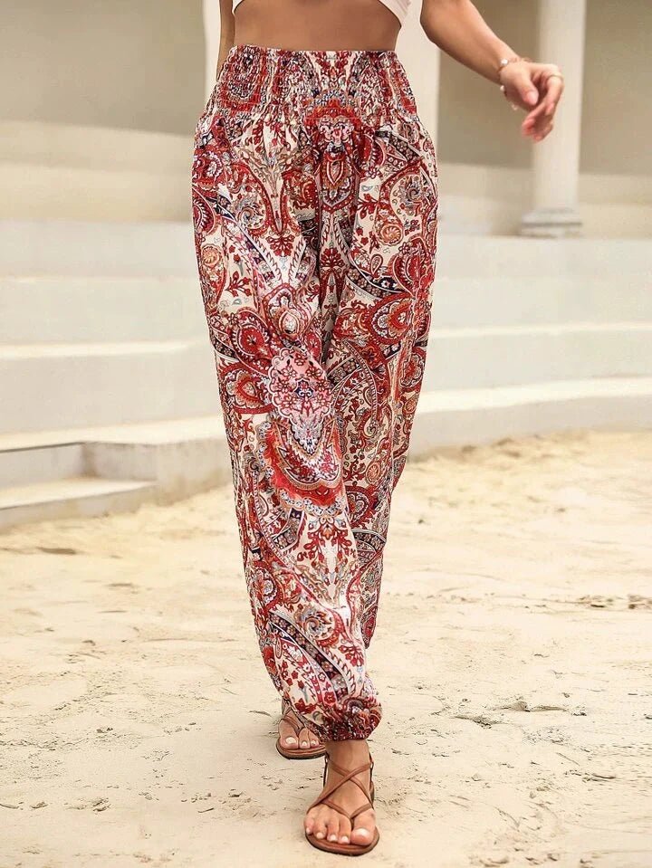 Bohemian Pantalon Dames van Katoenmix met Elastische Taille en Boho Print - ZovaFashion - Lange Broek Dames