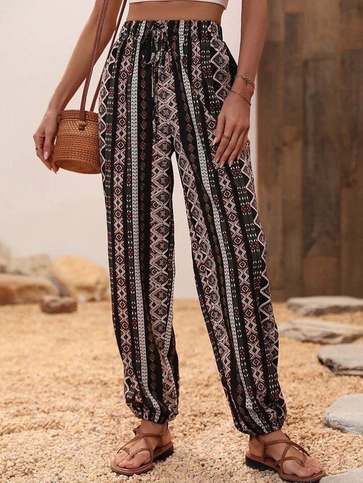 Bohemian Pantalon Dames van Katoenmix met Elastische Taille en Boho Print - ZovaFashion - Lange Broek Dames