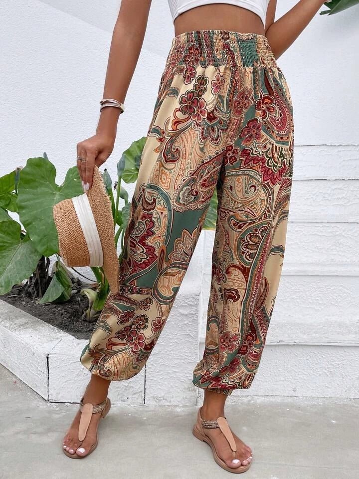 Bohemian Pantalon Dames van Katoenmix met Elastische Taille en Boho Print - ZovaFashion - Lange Broek Dames