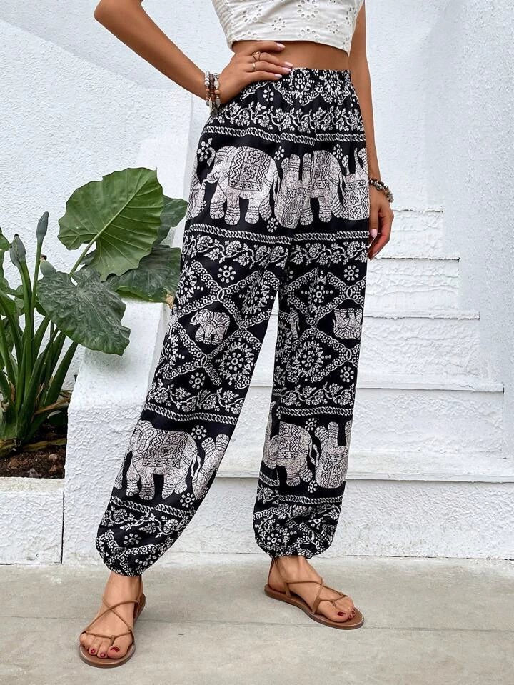 Bohemian Pantalon Dames van Katoenmix met Elastische Taille en Boho Print - ZovaFashion - Lange Broek Dames