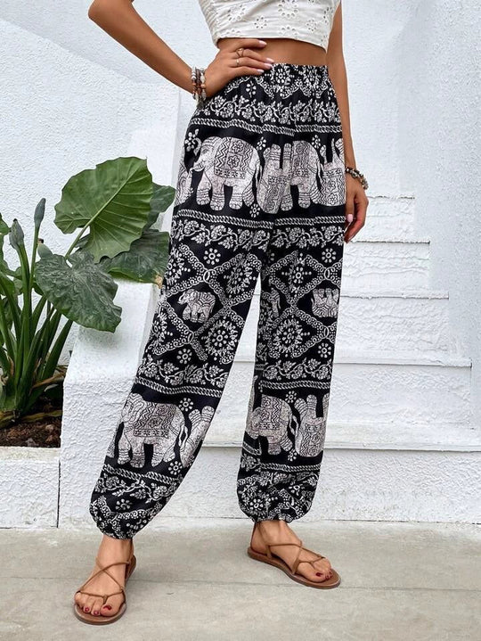 Bohemian Pantalon Dames van Katoenmix met Elastische Taille en Boho Print - ZovaFashion - Lange Broek Dames