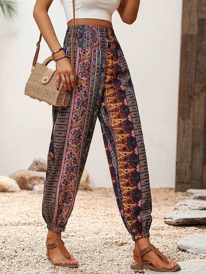 Bohemian Pantalon Dames van Katoenmix met Elastische Taille en Boho Print - ZovaFashion - Lange Broek Dames