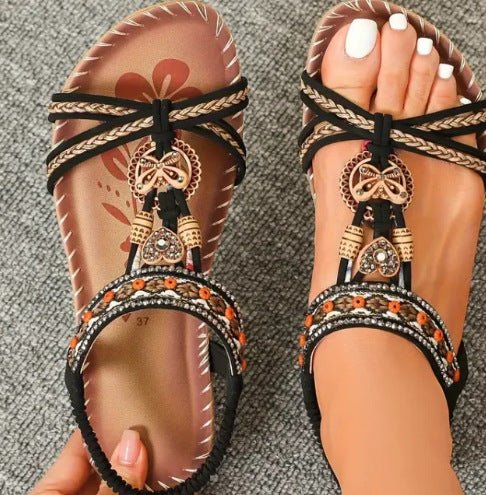 Boho Chic Sandalen Dames met Rhinestone Detail en Gevlochten Bandjes - ZovaFashion - Sandalen Dames