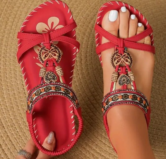 Boho Chic Sandalen Dames met Rhinestone Detail en Gevlochten Bandjes - ZovaFashion - Sandalen Dames