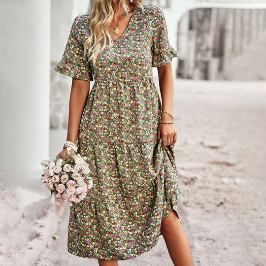 Boho Midi Zomerjurk met V - Hals en Relaxed Fit - ZovaFashion - Midi Jurk