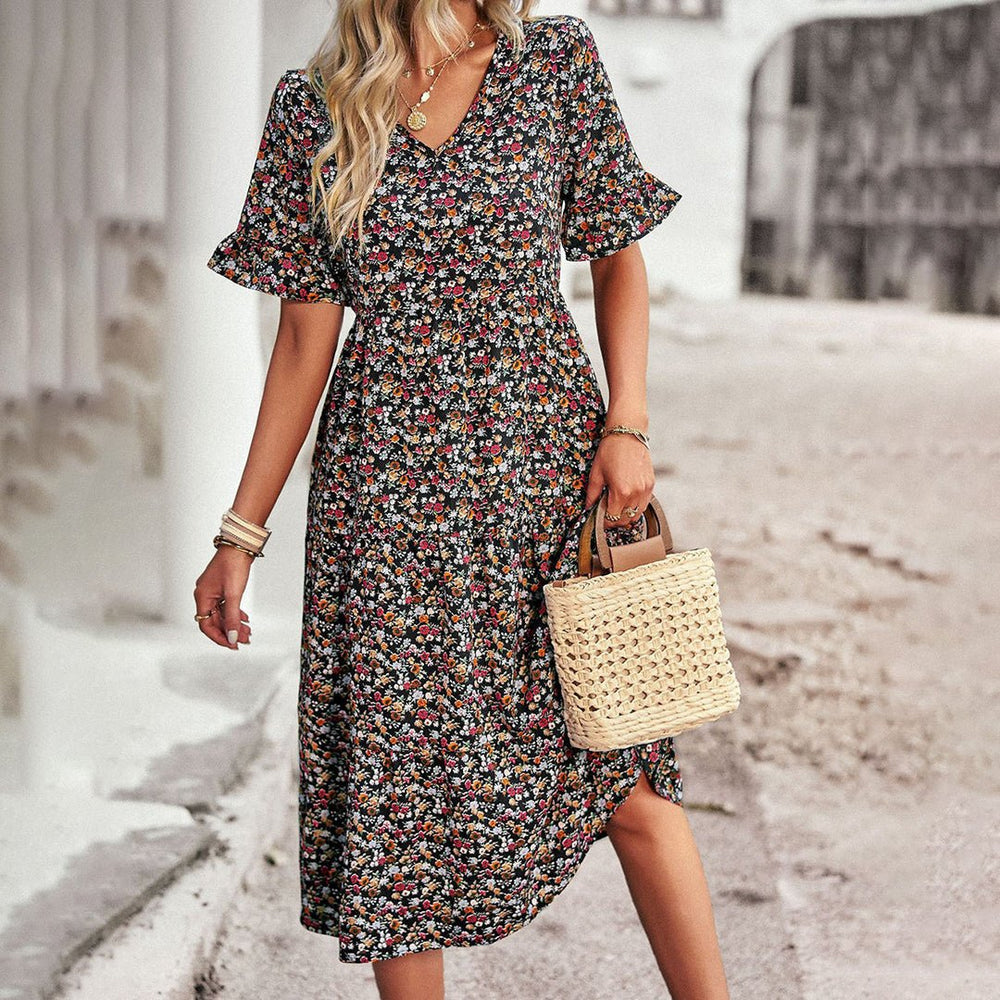 Boho Midi Zomerjurk met V - Hals en Relaxed Fit - ZovaFashion - Midi Jurk