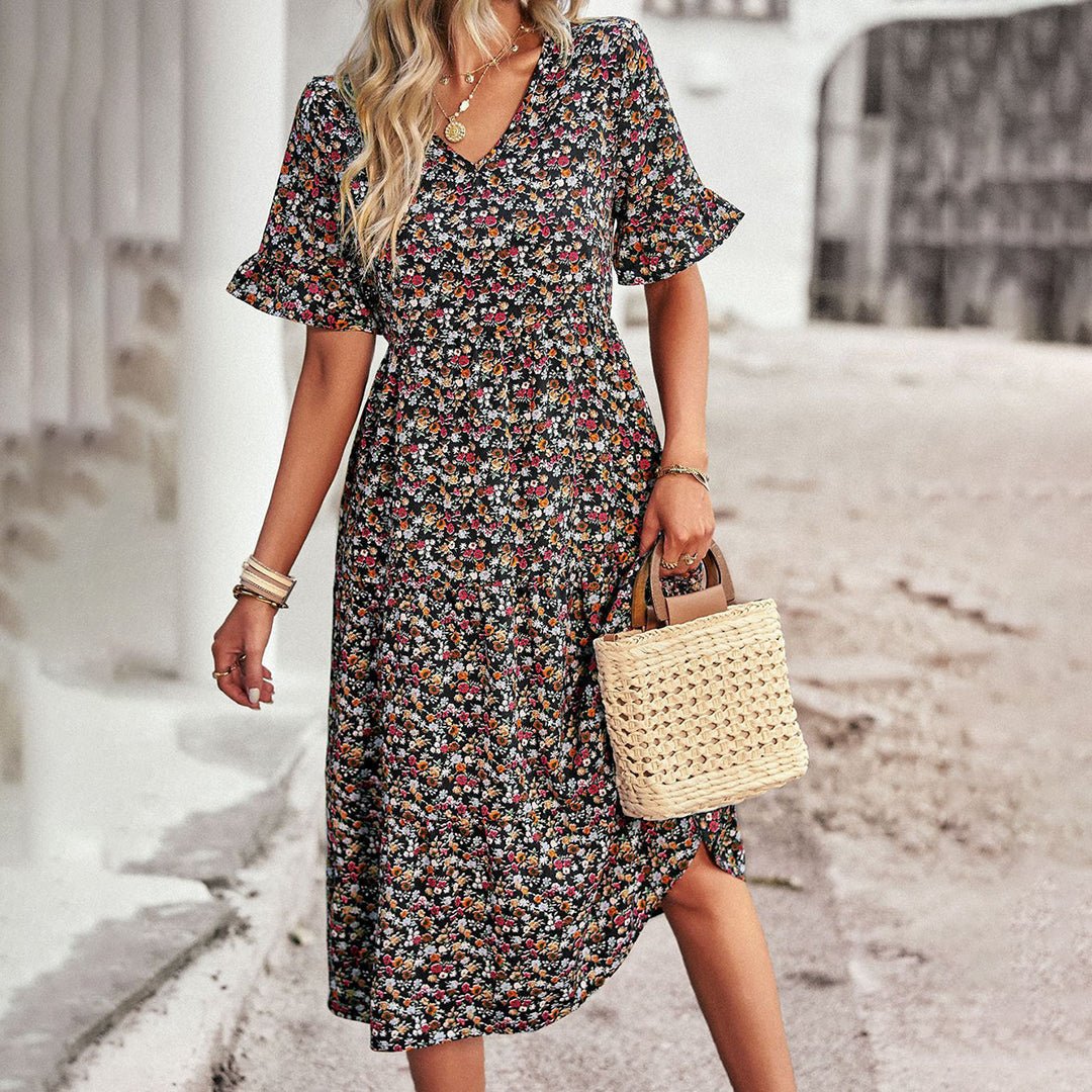Boho Midi Zomerjurk met V - Hals en Relaxed Fit - ZovaFashion - Midi Jurk