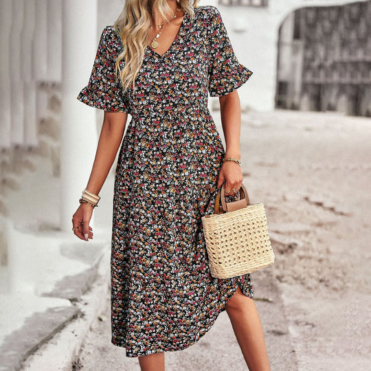 Boho Midi Zomerjurk met V - Hals en Relaxed Fit - ZovaFashion - Midi Jurk