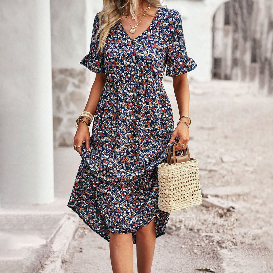Boho Midi Zomerjurk met V - Hals en Relaxed Fit - ZovaFashion - Midi Jurk