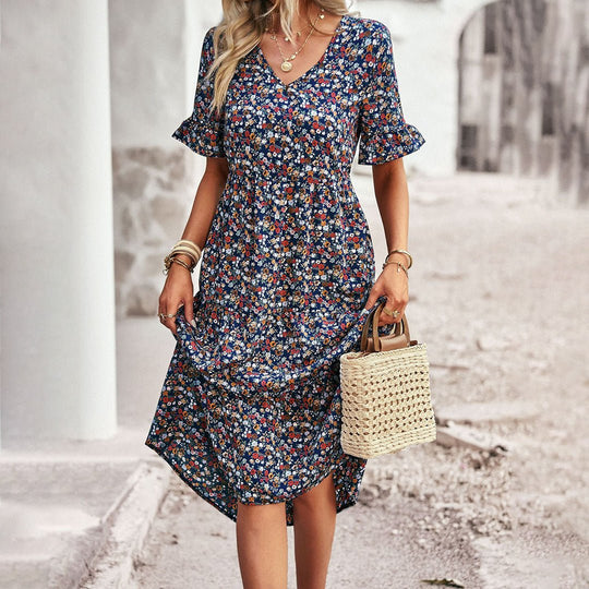 Boho Midi Zomerjurk met V - Hals en Relaxed Fit - ZovaFashion - Midi Jurk