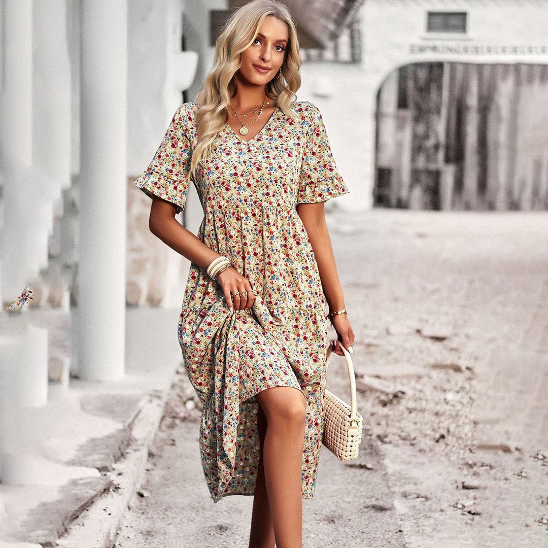 Boho Midi Zomerjurk met V - Hals en Relaxed Fit - ZovaFashion - Midi Jurk