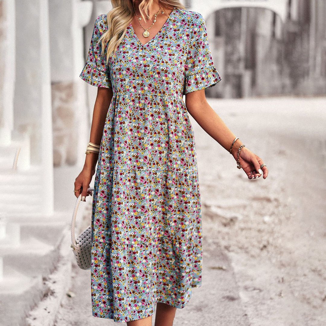 Boho Midi Zomerjurk met V - Hals en Relaxed Fit - ZovaFashion - Midi Jurk