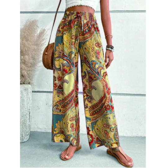 Boho Pantalon Dames van Katoen met Elastische Tailleband en Wijde Pijpen - ZovaFashion - Lange Broek Dames