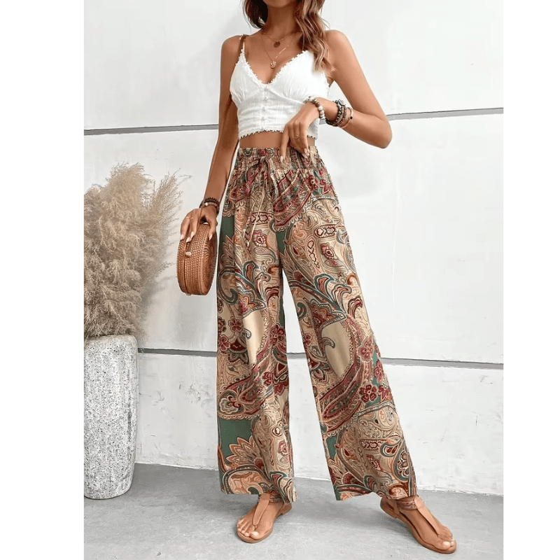 Boho Pantalon Dames van Katoen met Elastische Tailleband en Wijde Pijpen - ZovaFashion - Lange Broek Dames